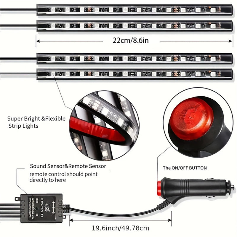 Auto LED RGB Interior Atmosphere Strip Light Decorative Foot Lamp With USB Wireless Remote Music Control Multiple Modes For Car